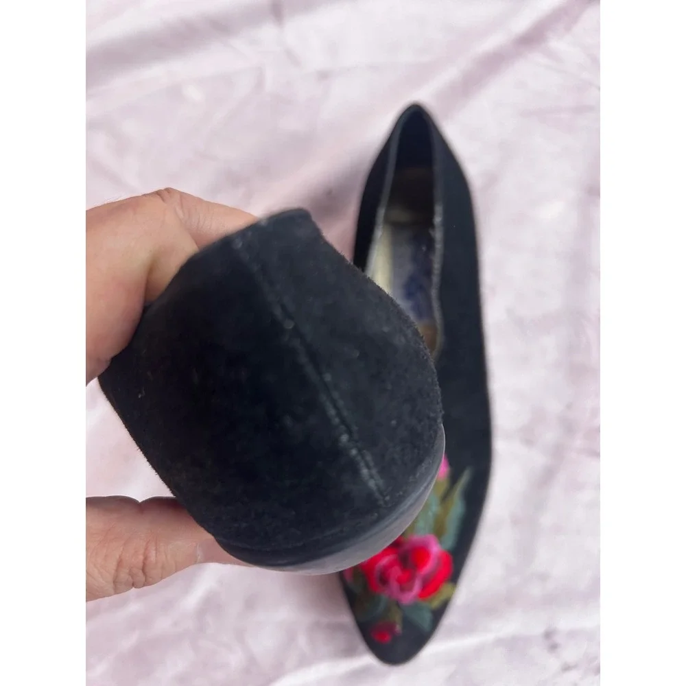 Perry Ellis America Loafers Womens Black Suede Good Floral Embroidered Slippers - Picture 4 of 6